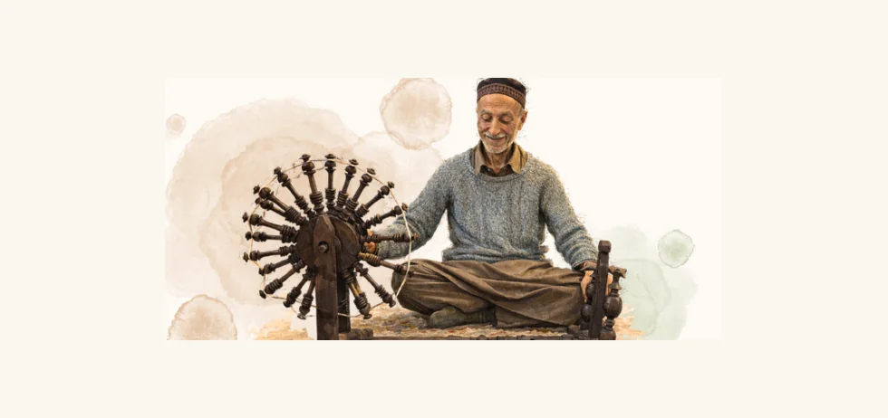 Kashmiri artisan spinning thread on a charkha