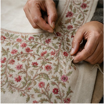 Hands embroidering a floral Kashmiri textile